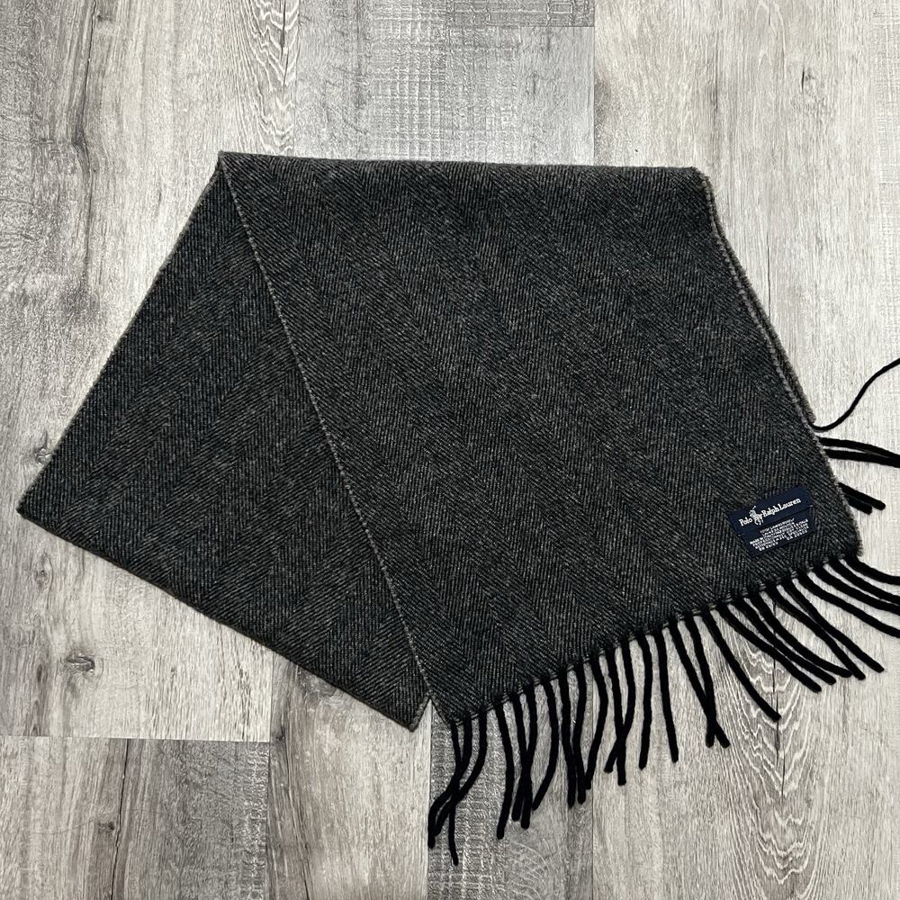 Vintage Polo Ralph Lauren Mens Scarf Gray Herringbone Italy Lambswool Pony